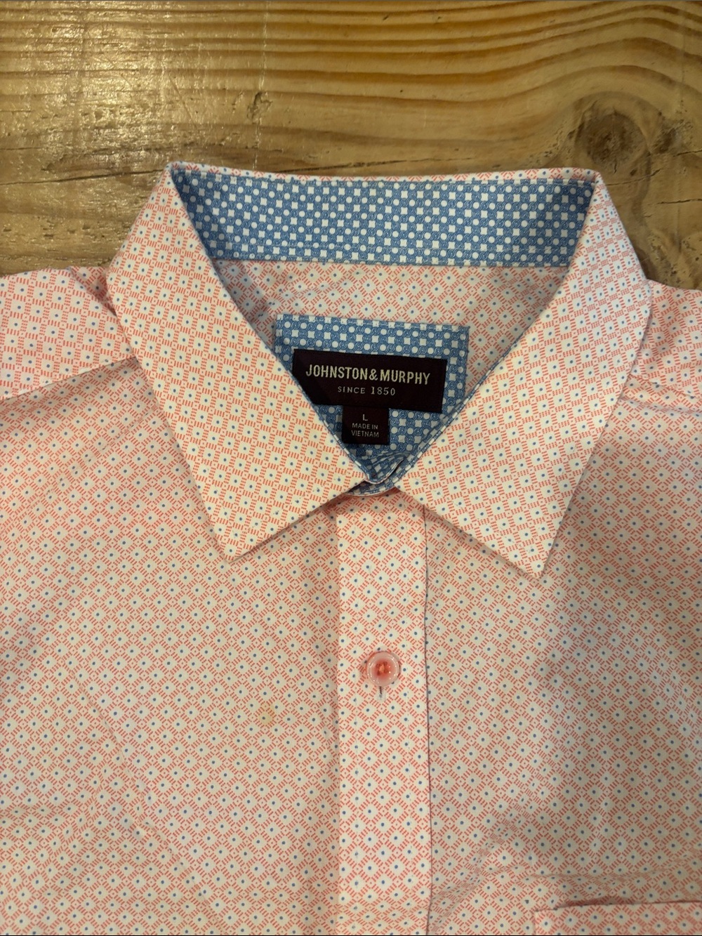 Johnston & Murphy Pink Micro-Geo Dress Shirt with Contrasting Blue Trim